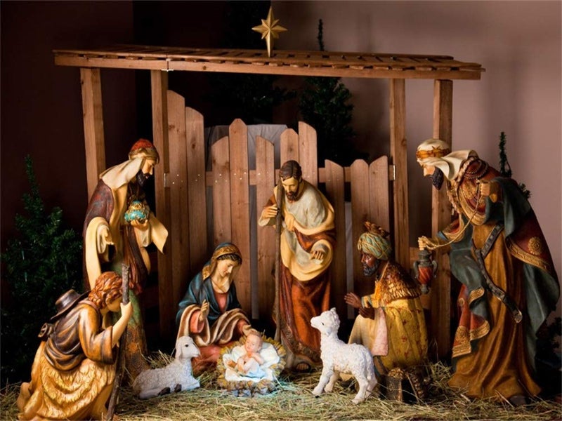 AOFOTO 8x6ft Barn Interior Manger Scene Backdrop Christ Child Birth of Jesus Nativity Shepherd Photography Background Lamb Horse Stable Farmhouse Pray Bible Baptism Church Concert Photos Studio Props - Image 1